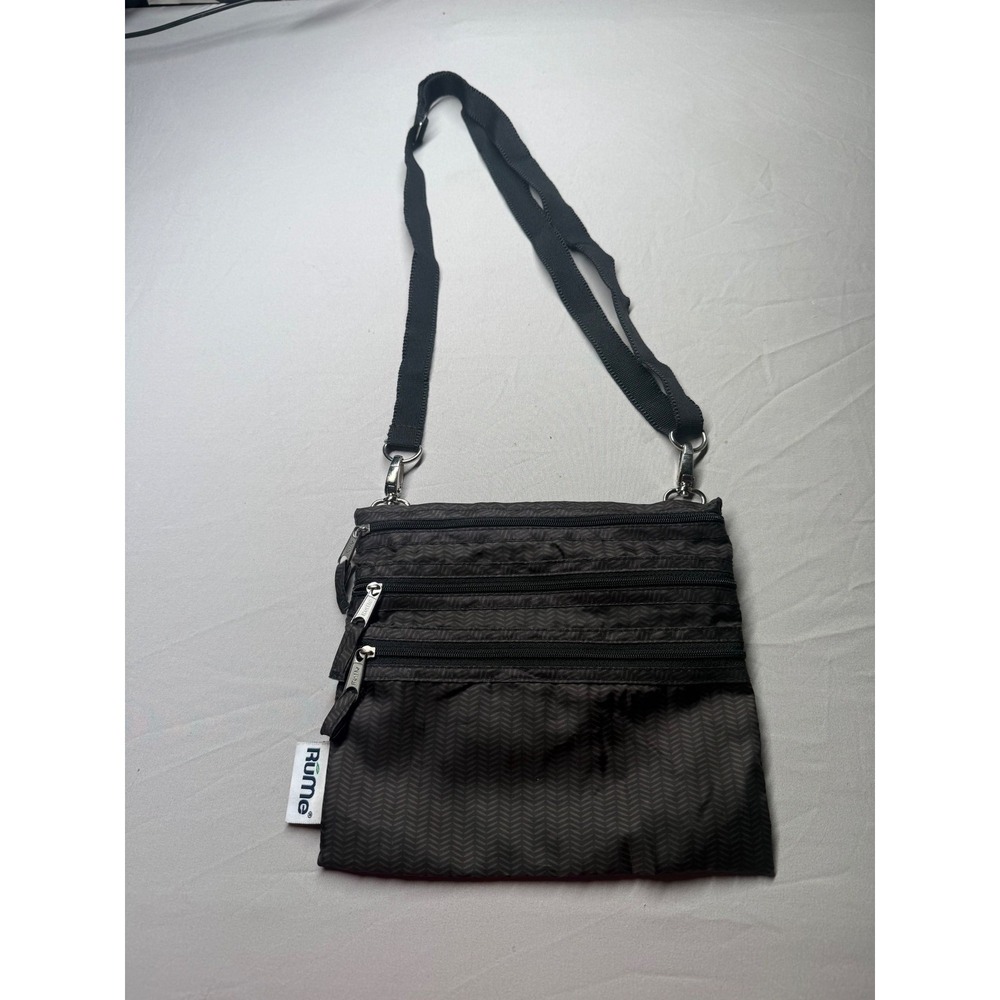 RuMe Crossbody Bag Triple Zip Travel Organizer Herringbone Gray Black